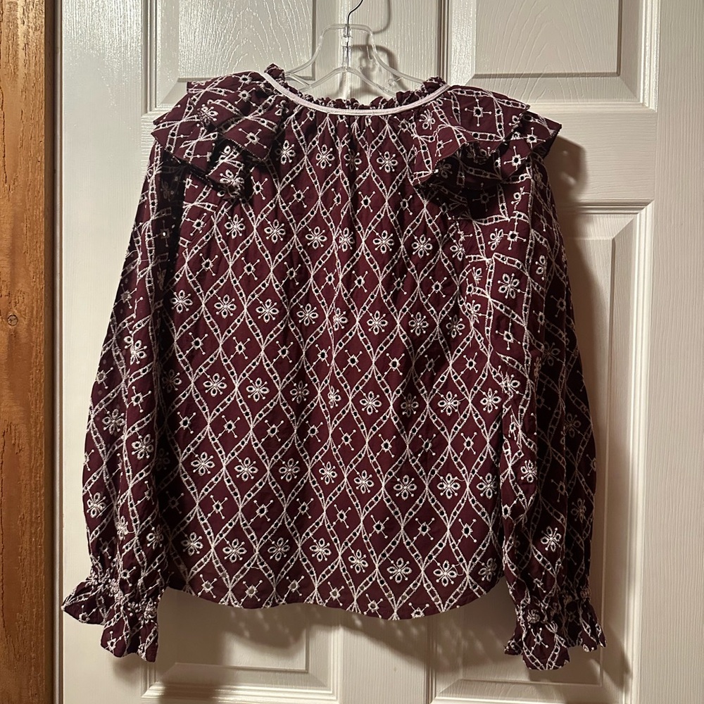 Women's Burgundy Patterned Ruffle Top - Picture 4 of 7